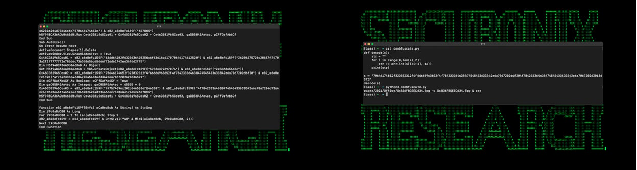 Obfuscated VBS macro (left) and decoded command to download the JPG file (right)