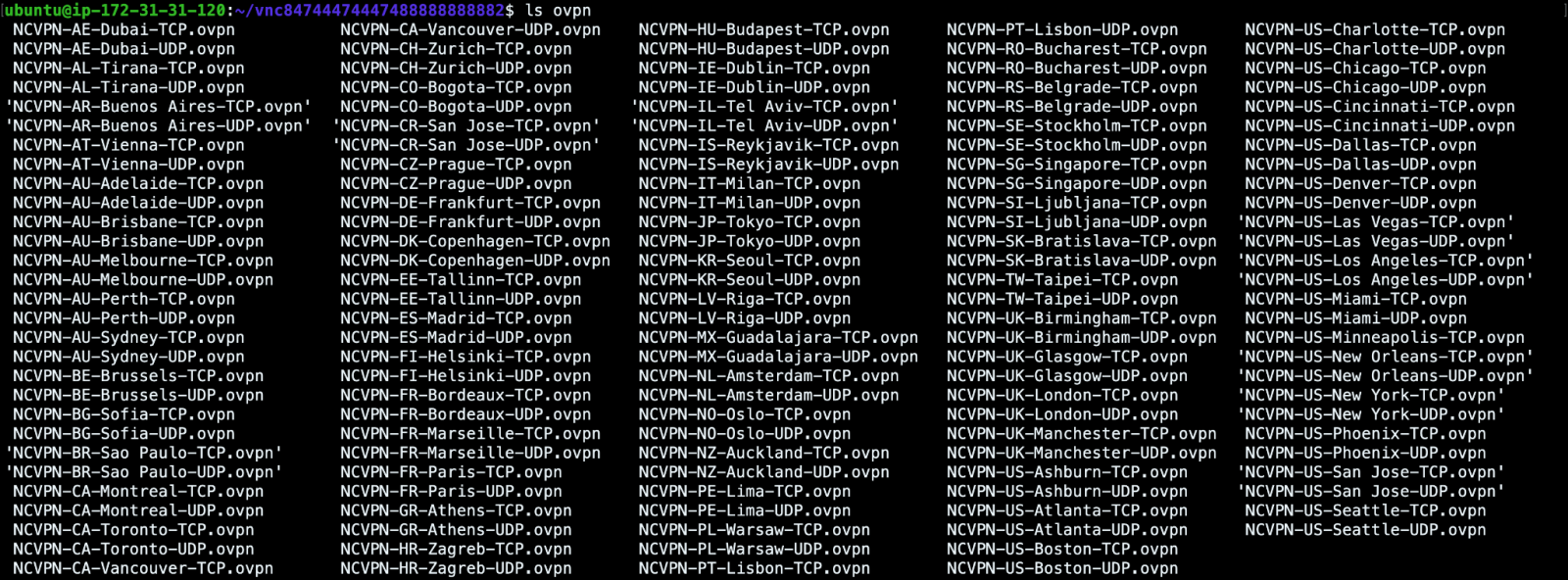 List with VPN configurations