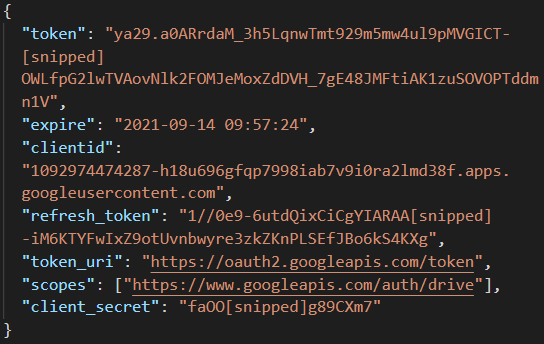 JSON Object containing the Google Drive credentials