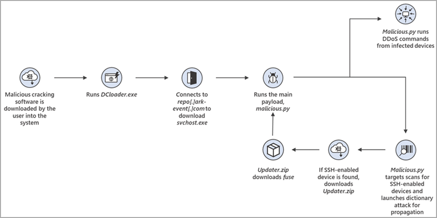 The botnet's infection and attack chain