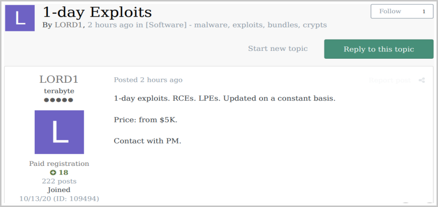 Quality RCE exploits sold for $5K