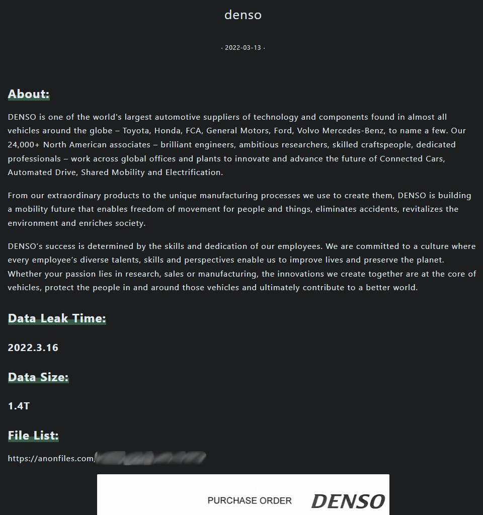 The DENSO announcement on the Pandora leak portal
