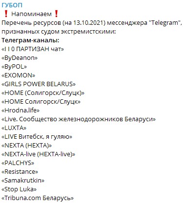 Part of the Telegram channel ban list published by GUBOP
