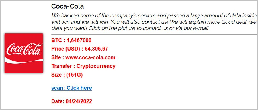 Listado de Coca-Cola en el sitio de Tor