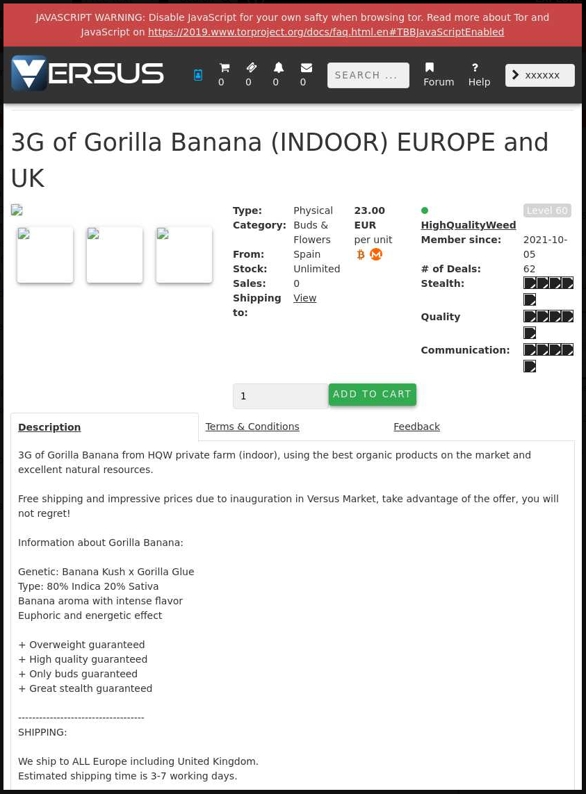 Drug sale listing on Versus for EU-based users
