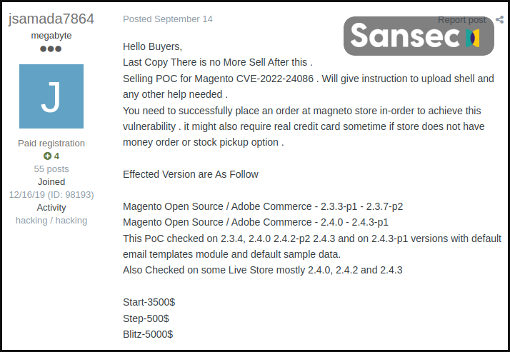 Magento 2 exploit sale from September 2022