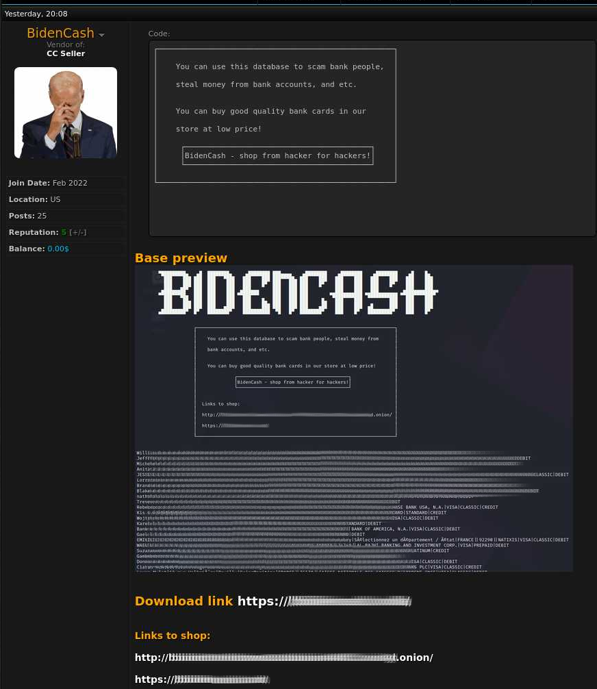 BidenCash admin promoting the new store on a darknet forum