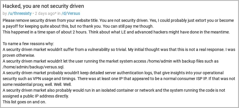 Hacker mocking Versus security on Dread
