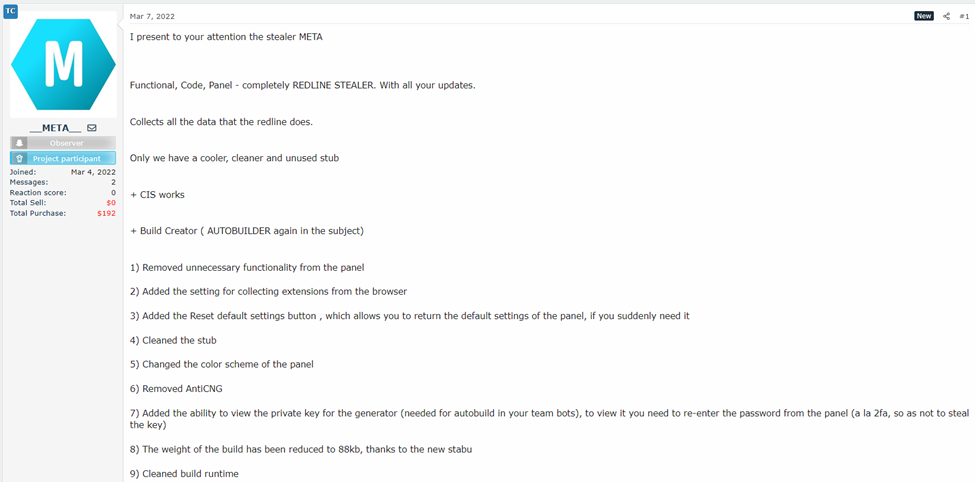 META info-stealer promoted on hacking forums