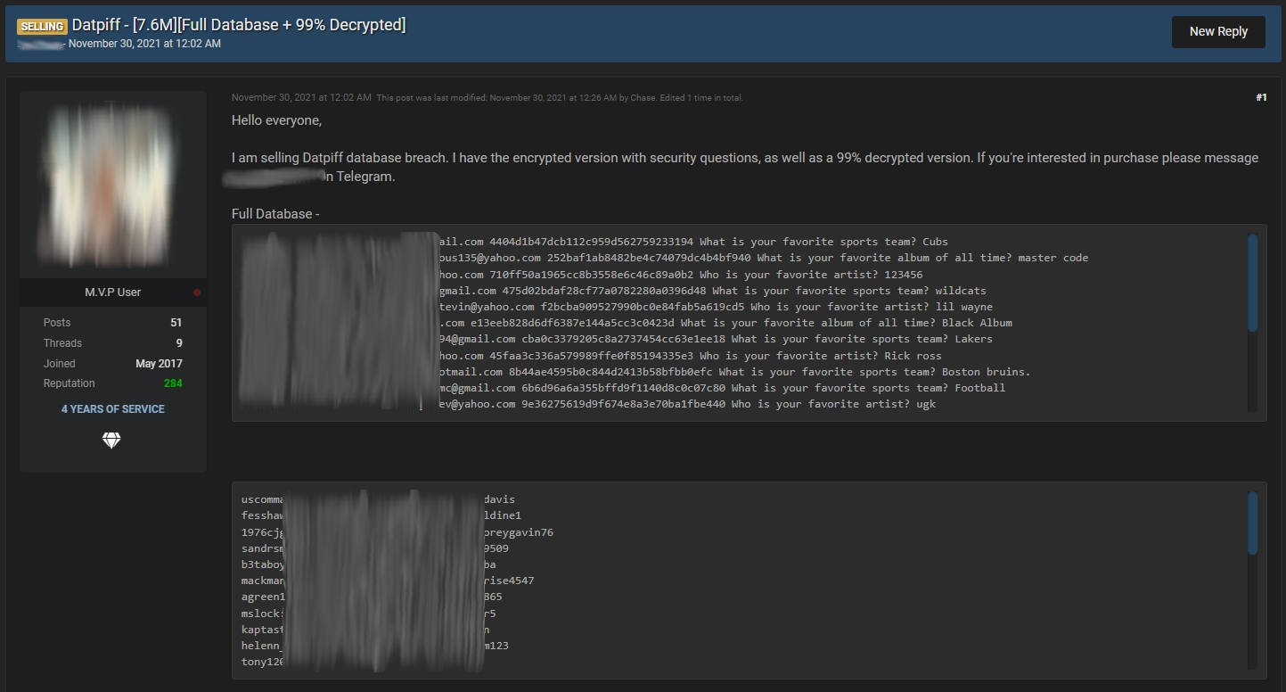 User offering the data on a hacker forum