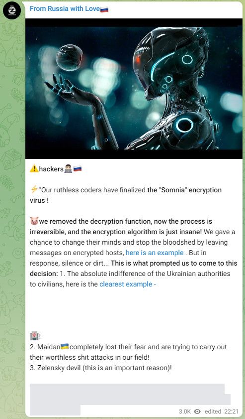 Posting FRwL tentang ransomware Somnia di Telegram