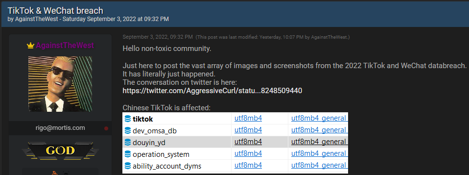 Announcement of TikTok and WeChat breach on a hacker forum
