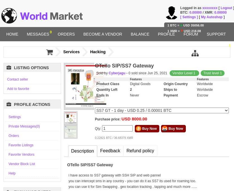 WorldMarket post offering SS7 exploit services