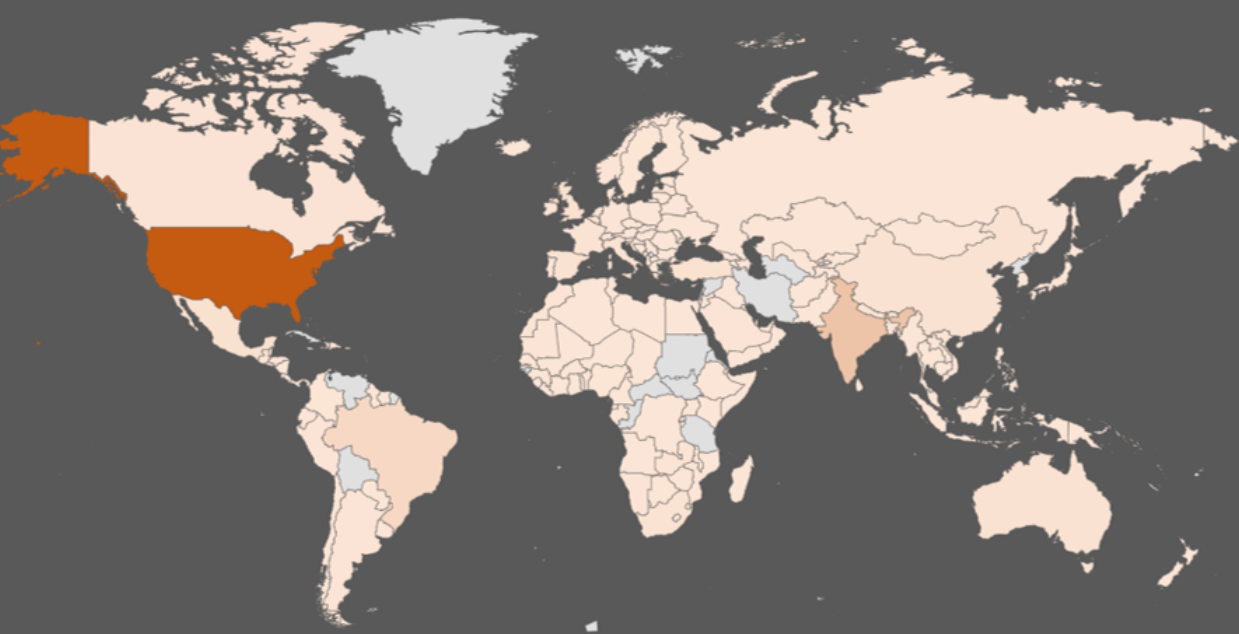 Heatmap reflecting the global exposure, and focus in U.S.