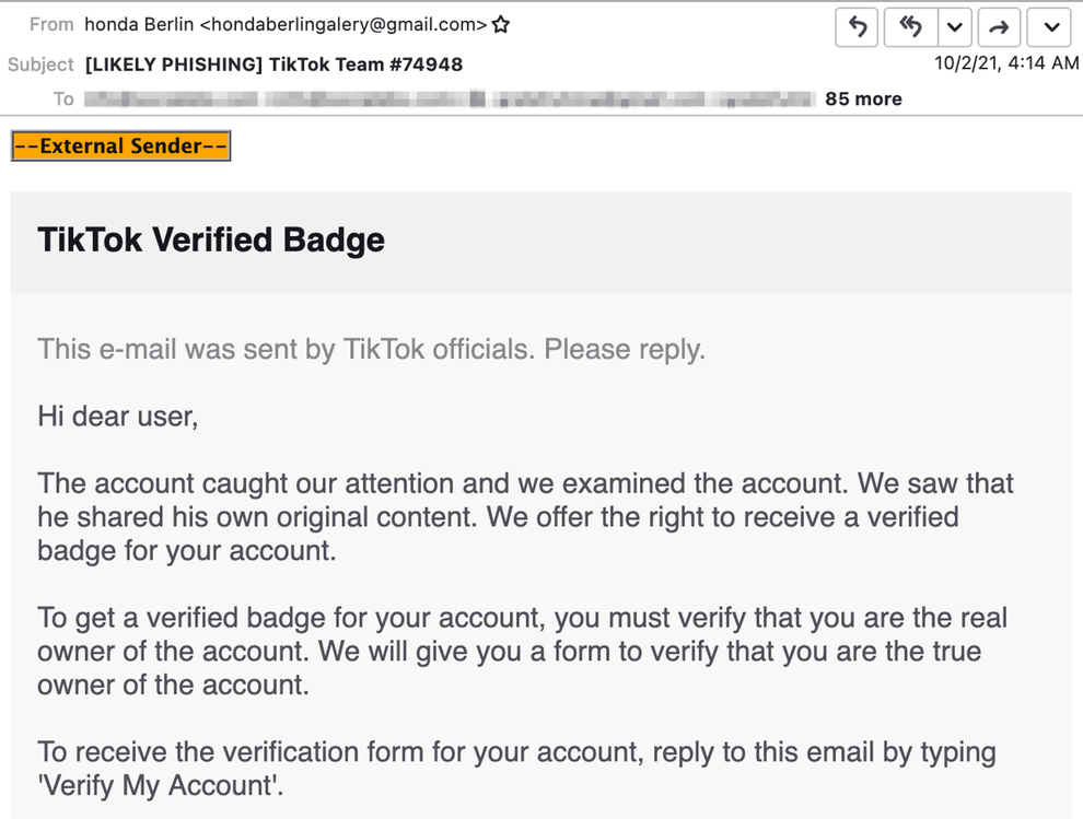 Email offering a verification badge to the user