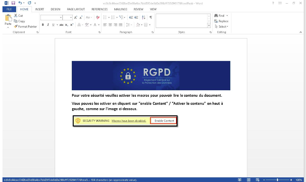 The GDPR-themed document containing the macro code