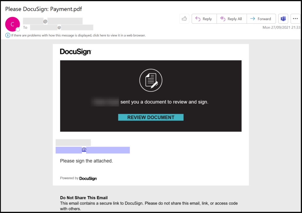 DocuSign lure sent in the first wave of the attack