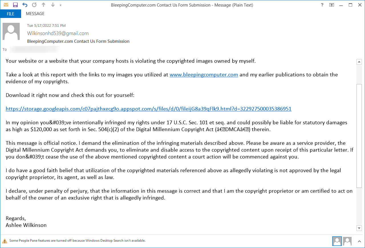 Phishing email using copyright violation claims to push malware