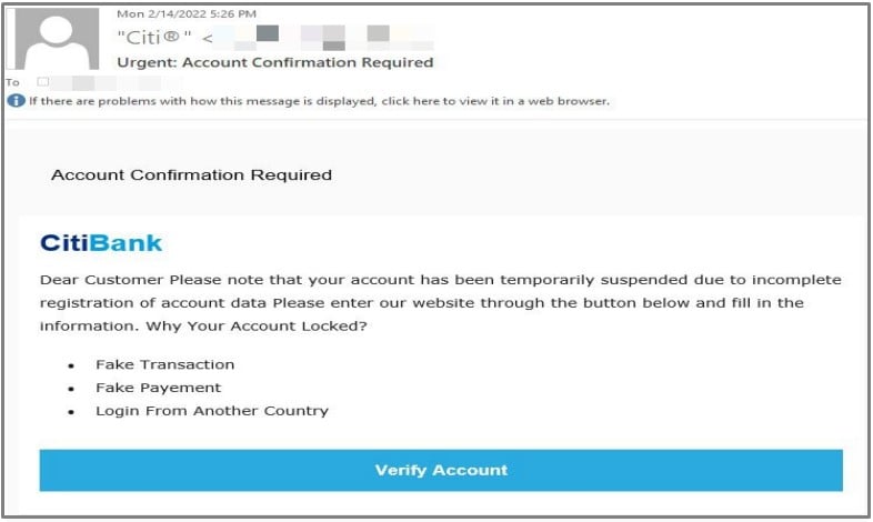 Sample of the Citibank phishing email