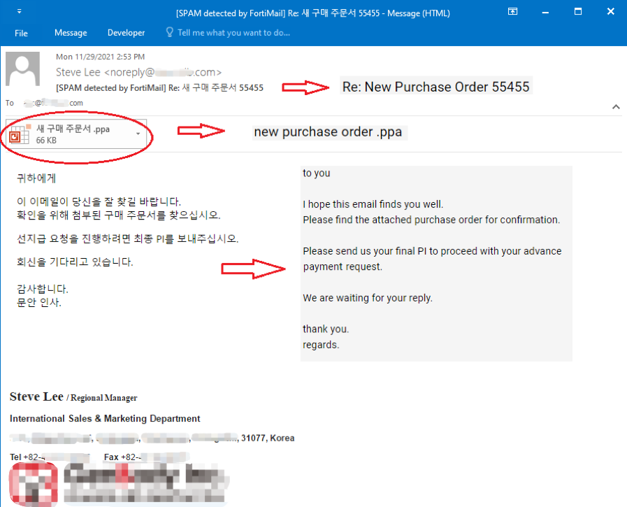 Sample email spotted in recent Korea-targeting campaign