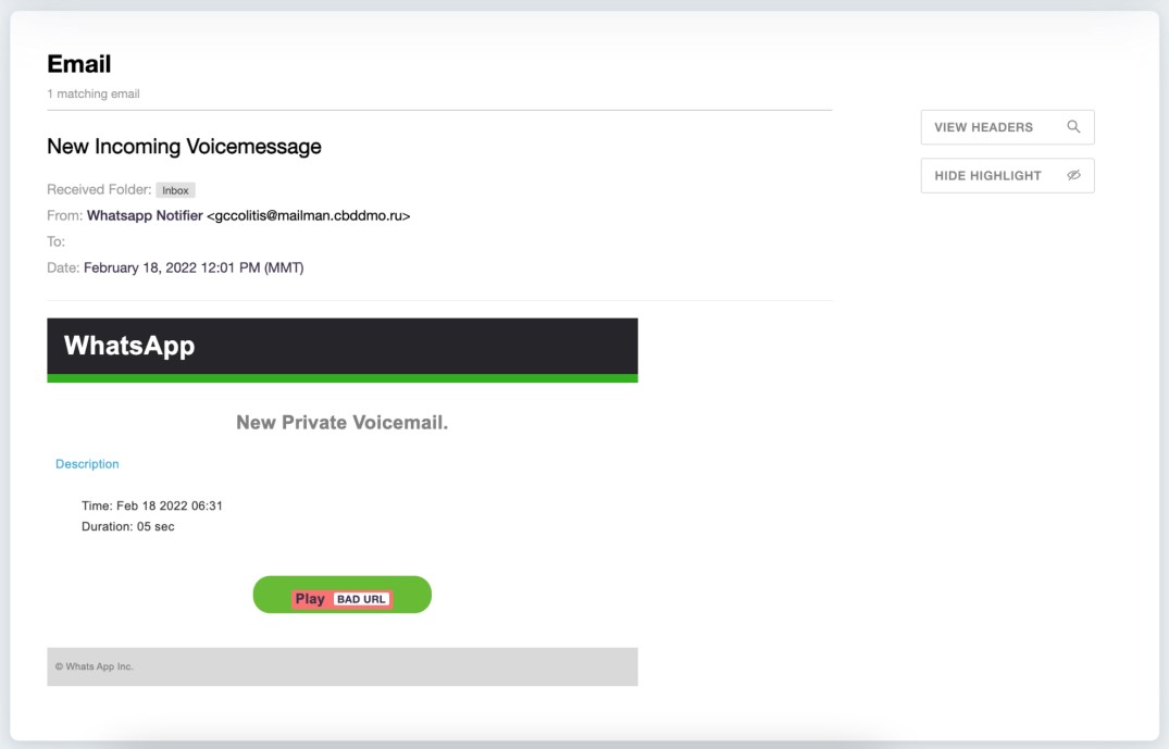 The phishing email impersonating WhatsApp