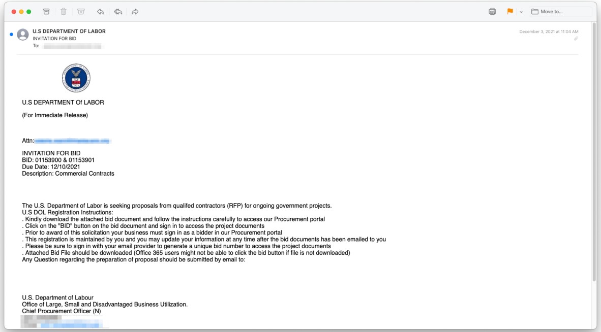 Email sample used in the campaign