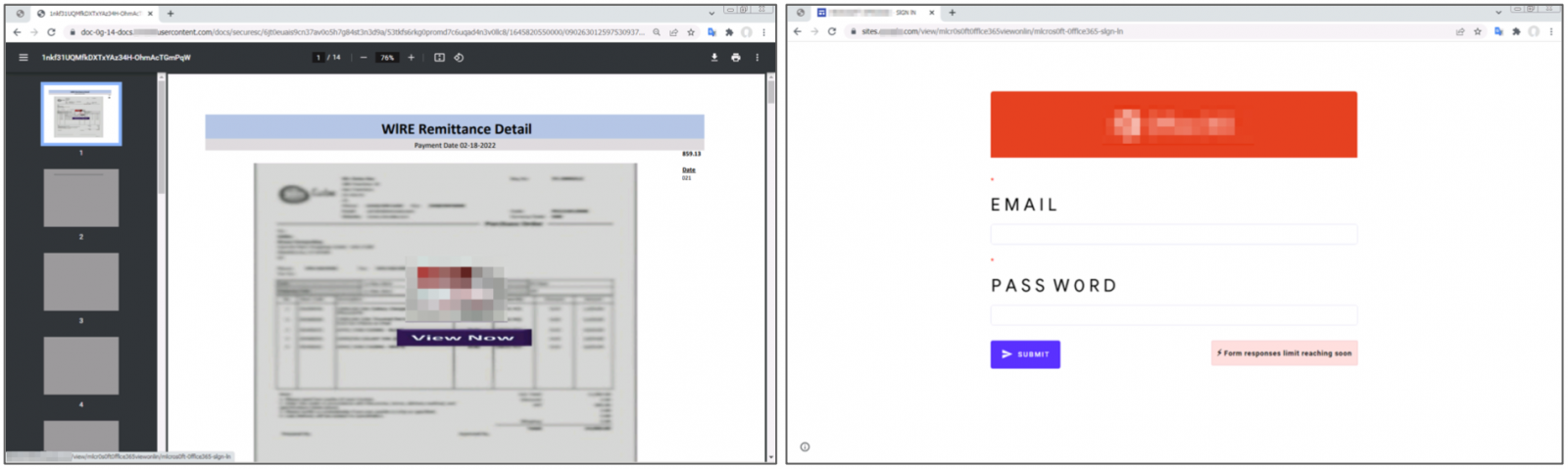 Loading a malicious document from a file hosting service (left), hosting a phishing site (right)