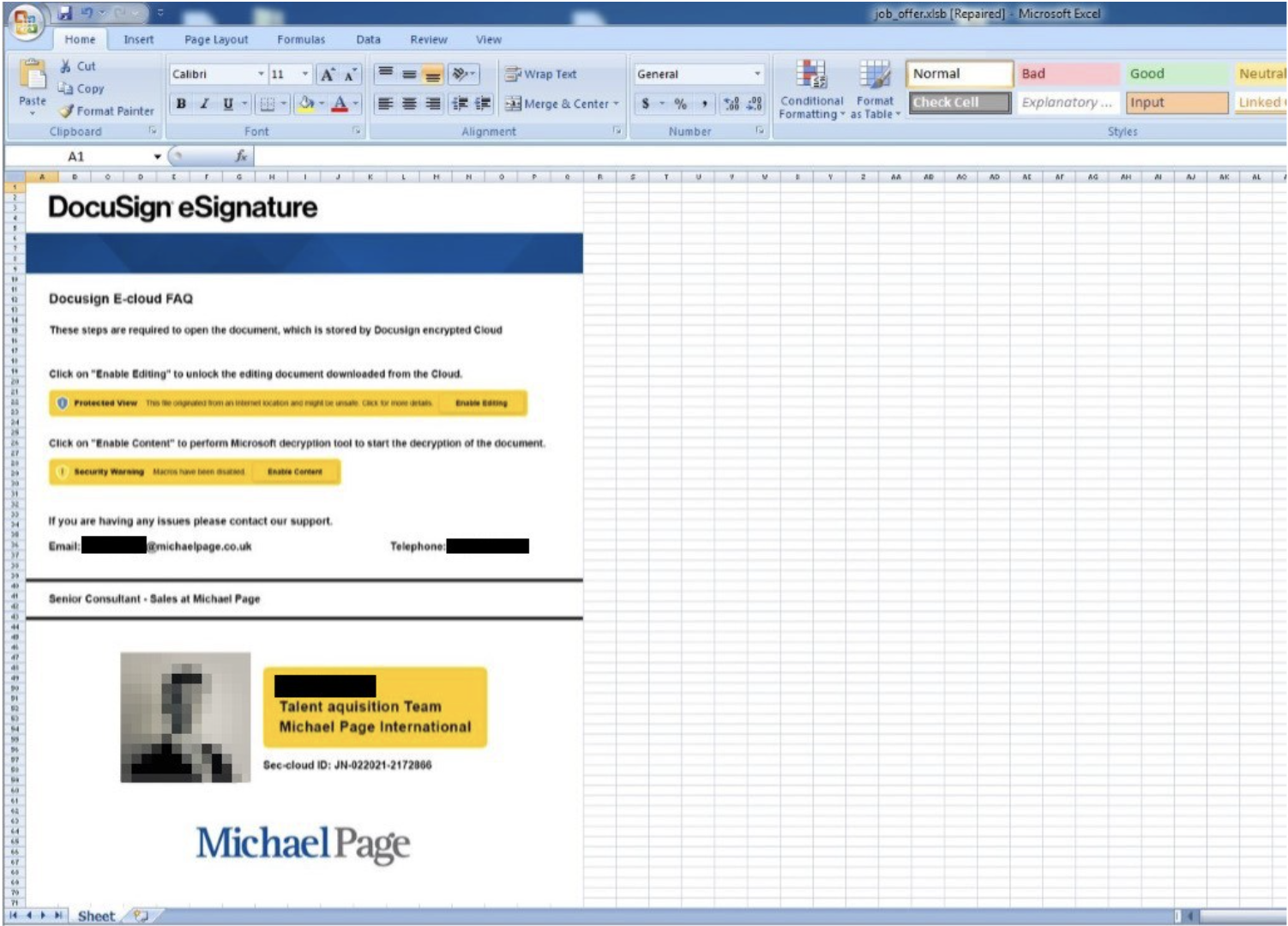 Geçerli kampanyada kullanılan kötü amaçlı Excel belgesi