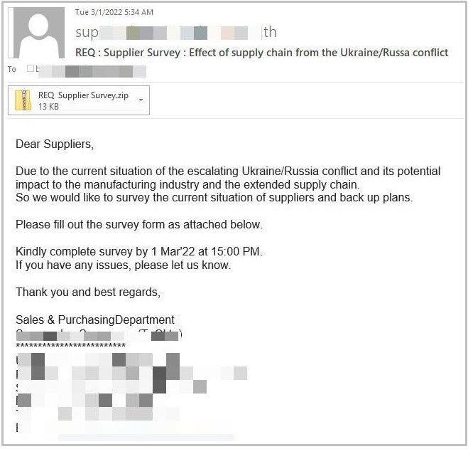 Phishing email used in first campaign