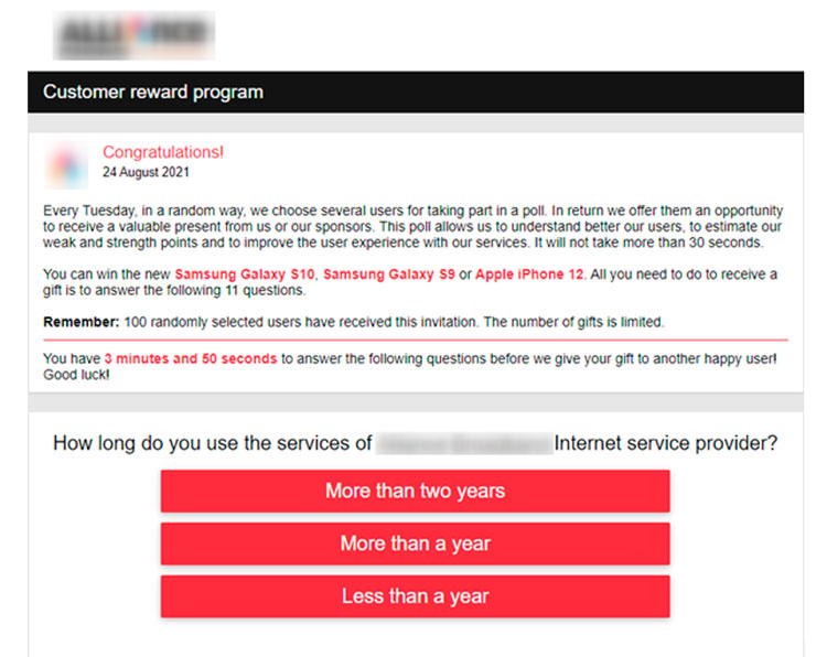 Scam message offering a smartphone for free