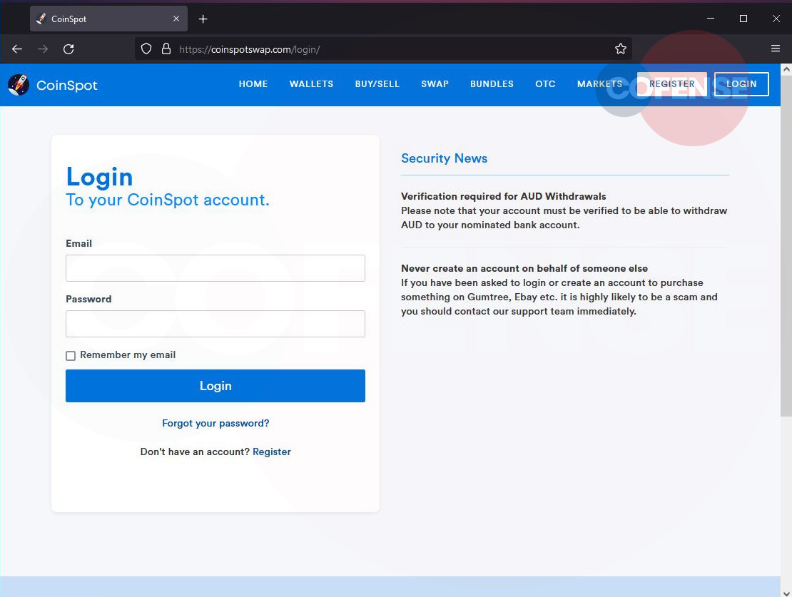 Login page on the spoofed CoinSpot site