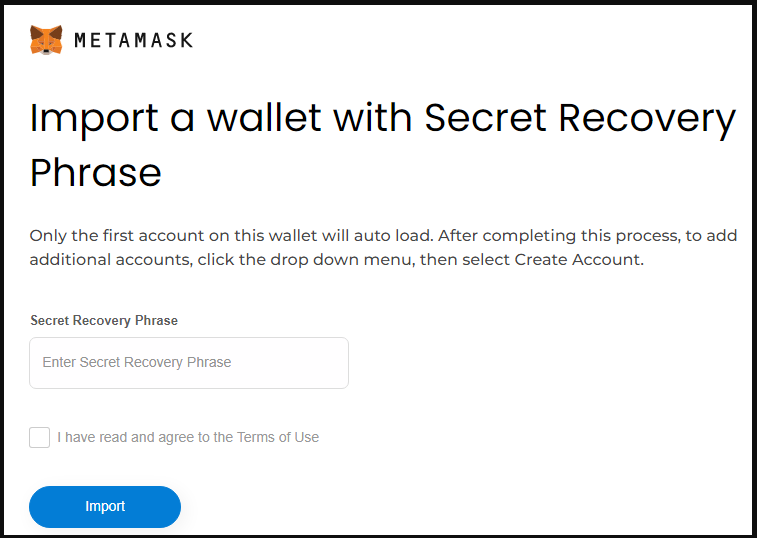 MetaMask phishing site asking the seed phrase