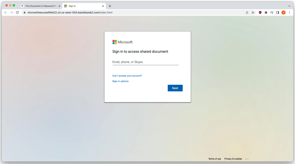 Microsoft account phishing portal