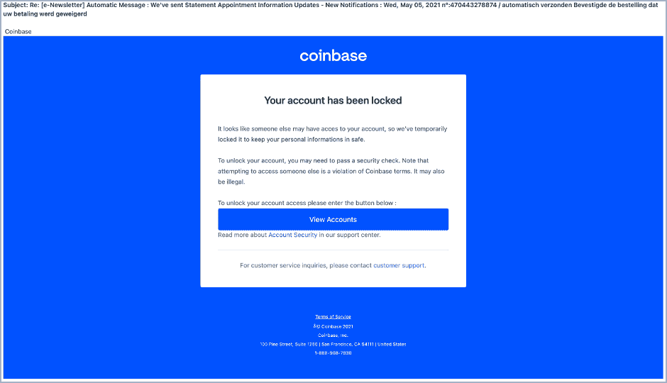 Coinbase を装ったフィッシングメール