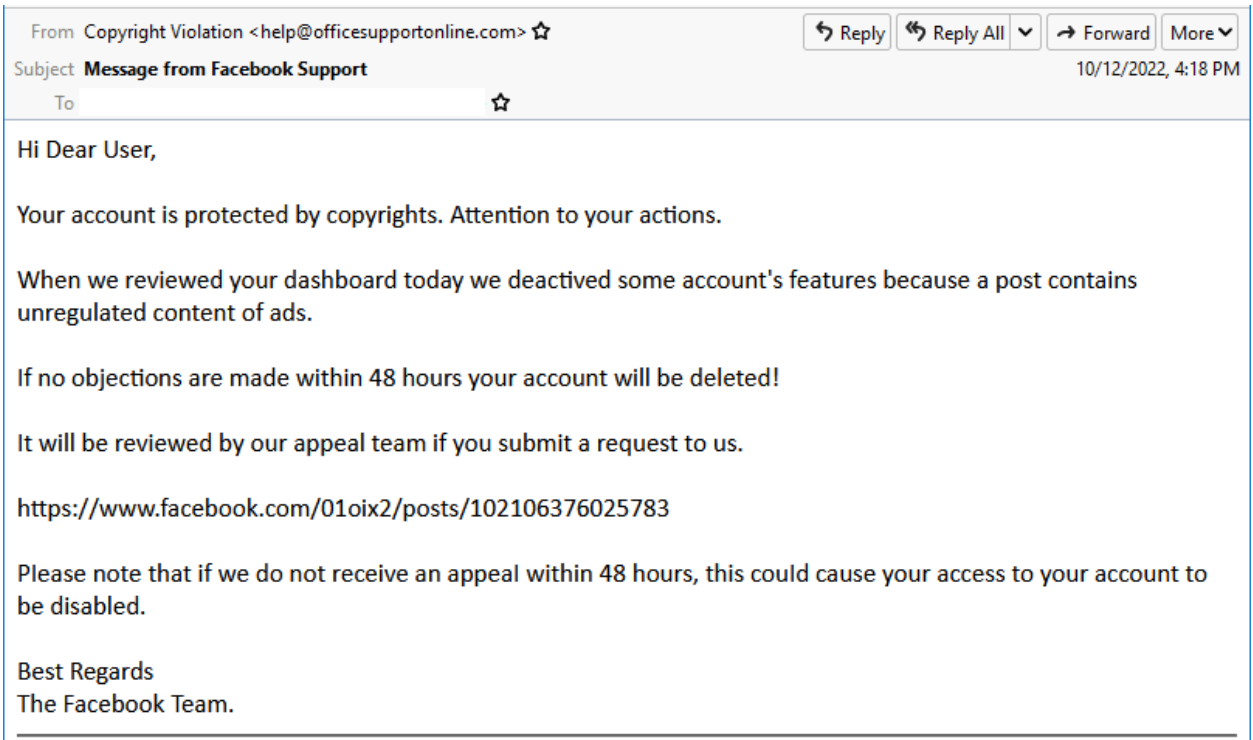 E-mail de phishing envoyé aux cibles