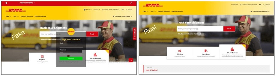 Comparison between fake and real DHL sites