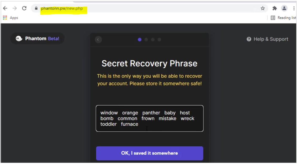 Recovery phrase shared with the victim