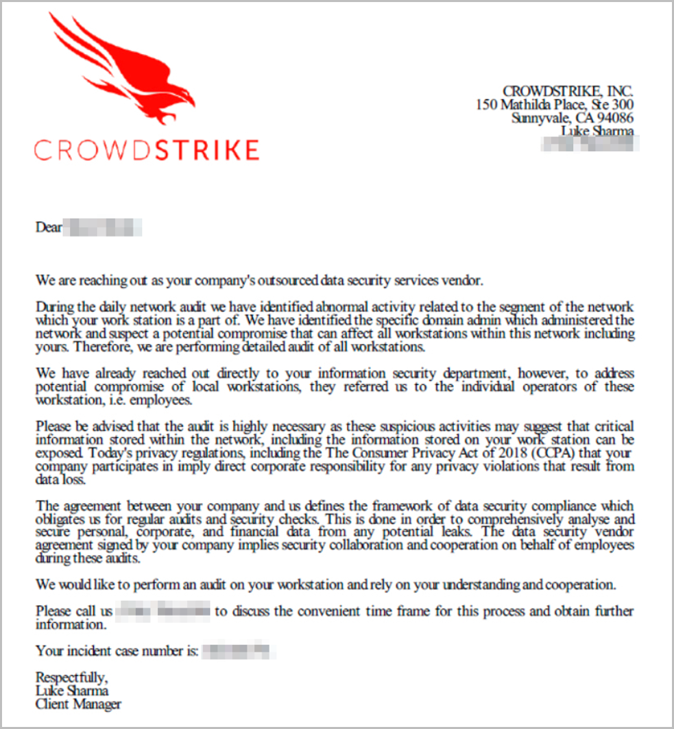 Phishing email impersonating CrowdStrike