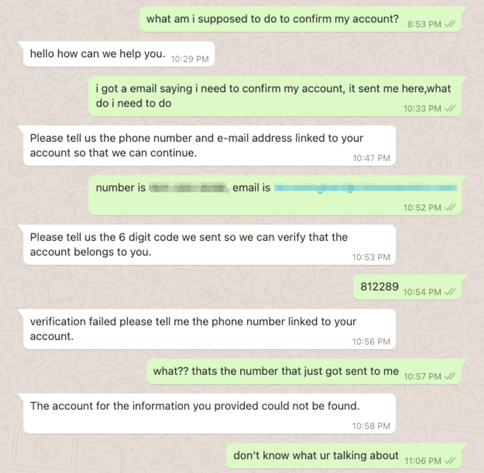 Scammer discussing with the victim on WhatsApp