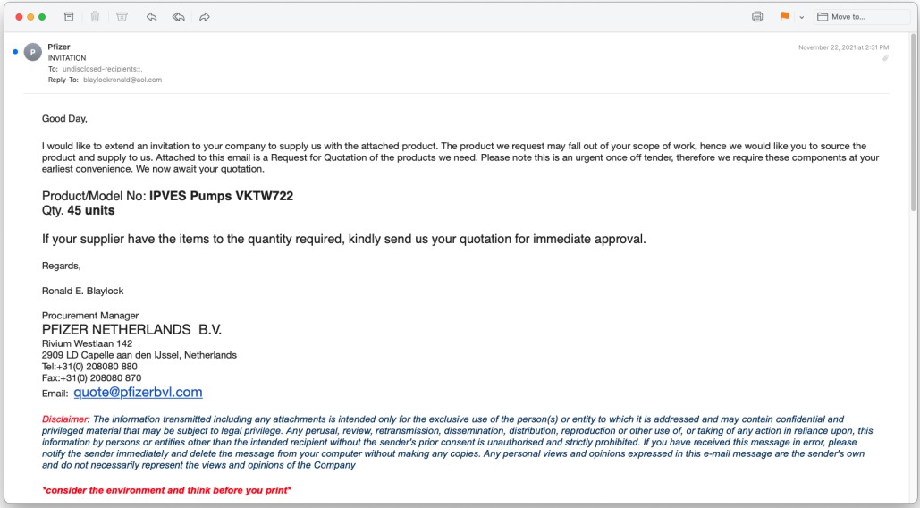 Phishing email sample