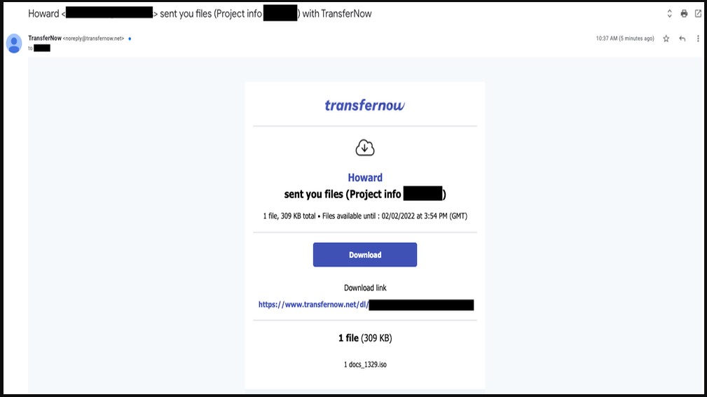 Malware download invitation arriving via a legitimate service