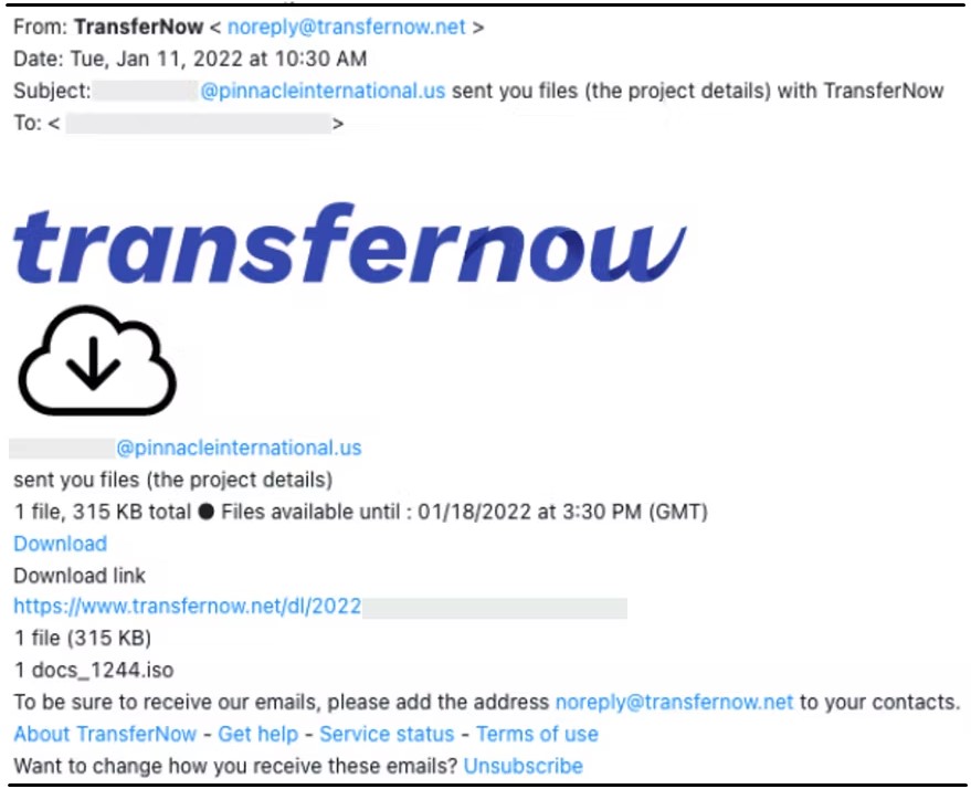 Phishing message pointing to a malicious file download