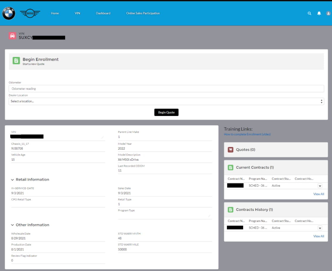 Accessing vehicle details on the BMW portal