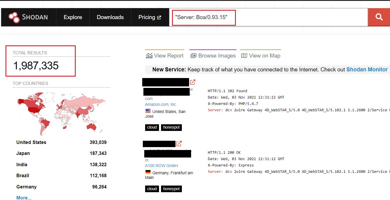 A pesquisa do Shodan retornou 2 milhões de resultados no Boa