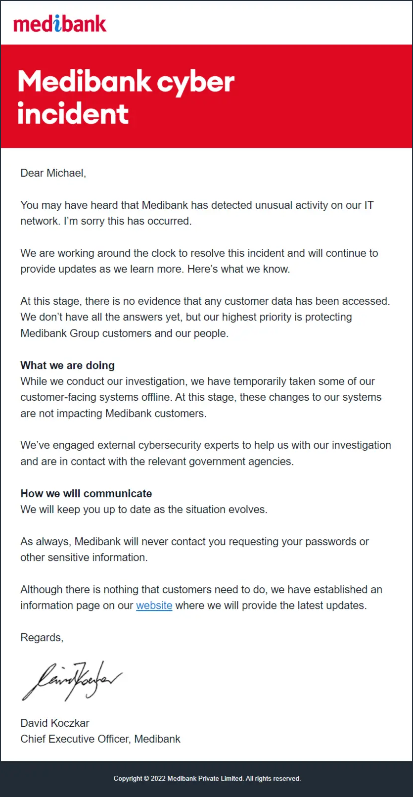 Notice sent to Medibank customers