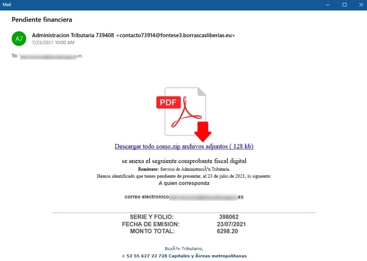 Phishing email used in recent Mekotio campaign
