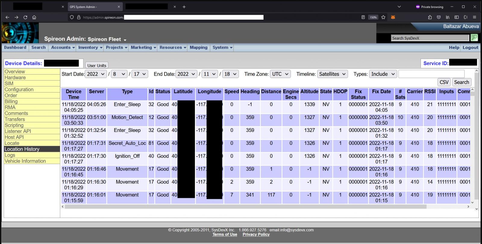 Historical GPS data on the Spireon panel