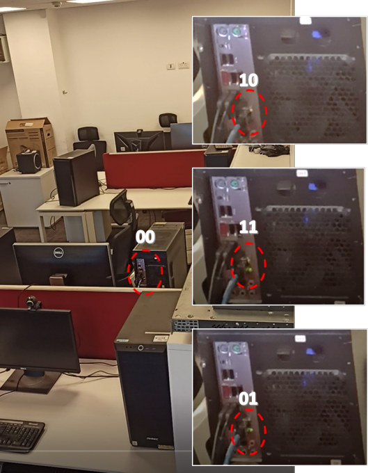 Network card indicators lighting up at the back of computers