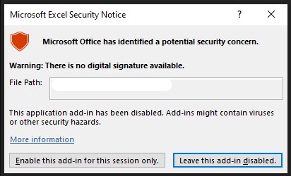 İmzasız XLL dosyası hakkında uyarı