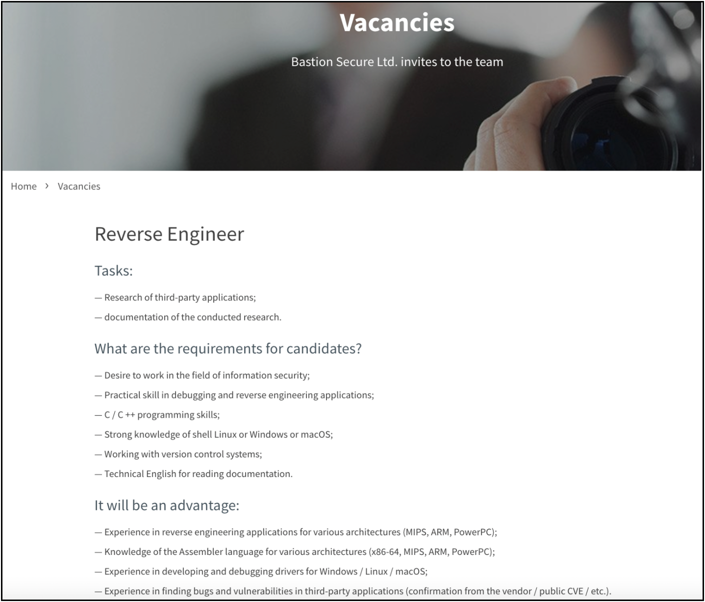 A job listing on the Bastion Secure site